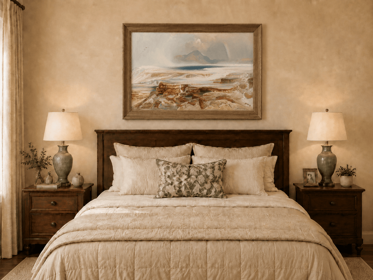 Landscape Oil Painting - Geothermal Terraces Rainbow & Mountain