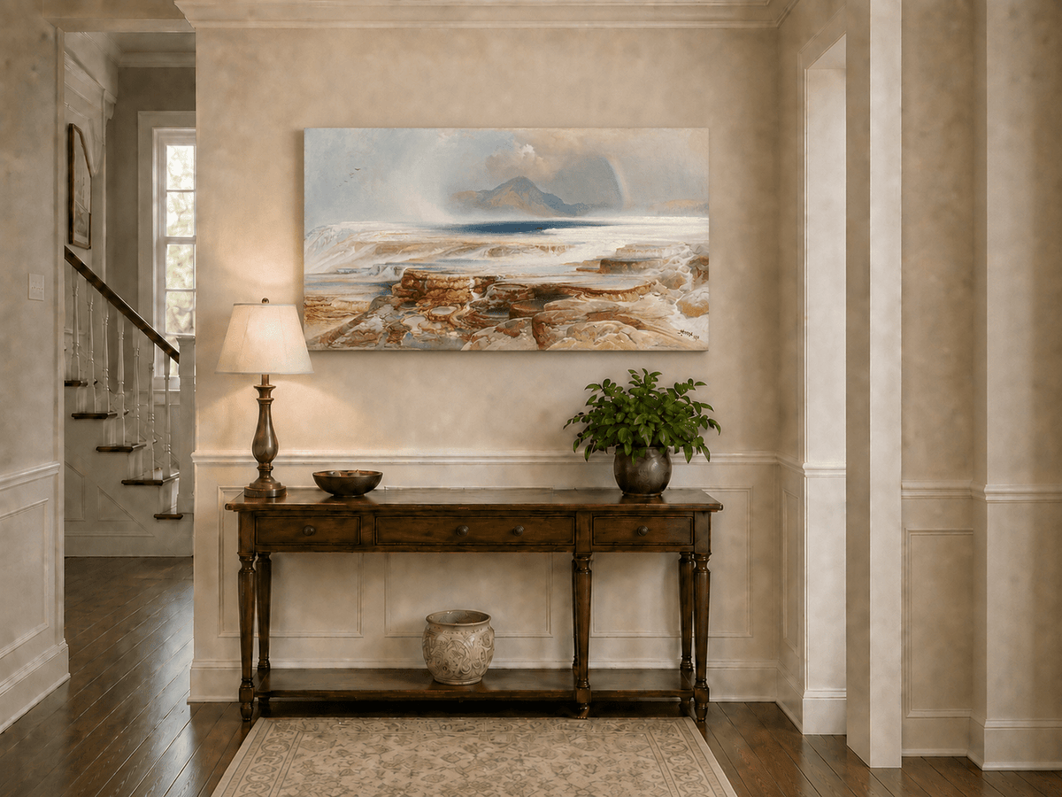 Landscape Oil Painting - Geothermal Terraces Rainbow & Mountain