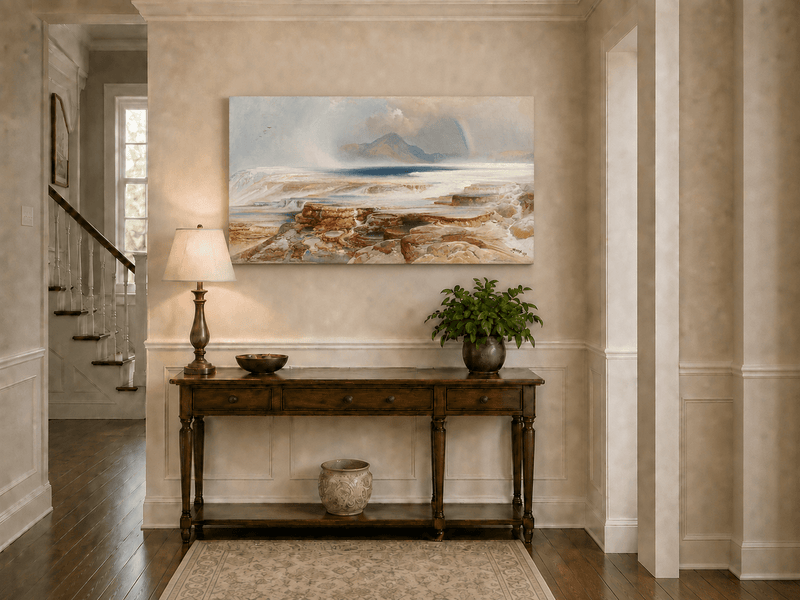 Landscape Oil Painting - Geothermal Terraces Rainbow & Mountain