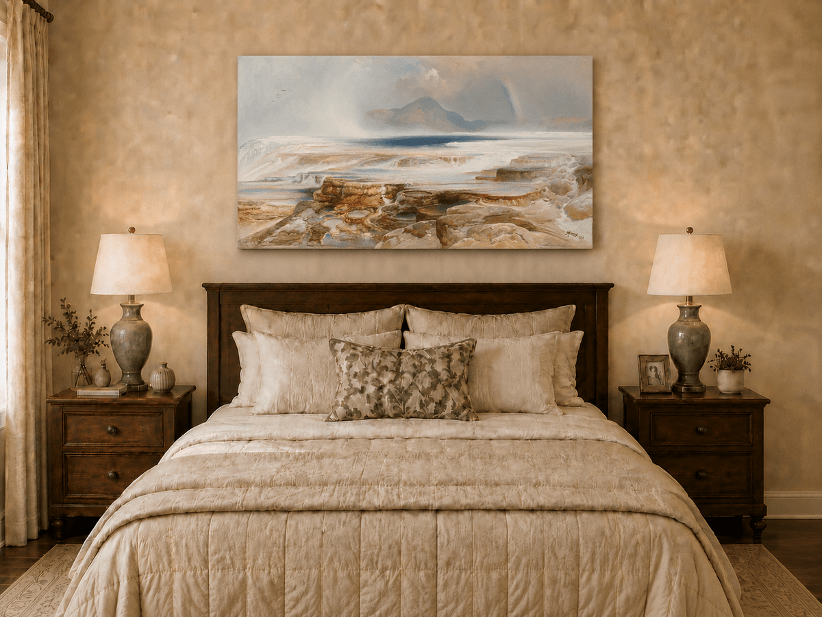 Landscape Oil Painting - Geothermal Terraces Rainbow & Mountain