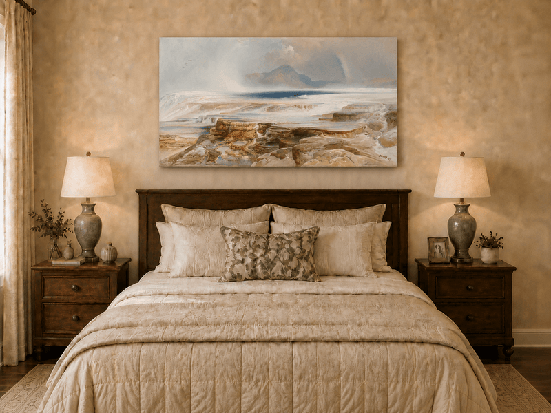 Landscape Oil Painting - Geothermal Terraces Rainbow & Mountain