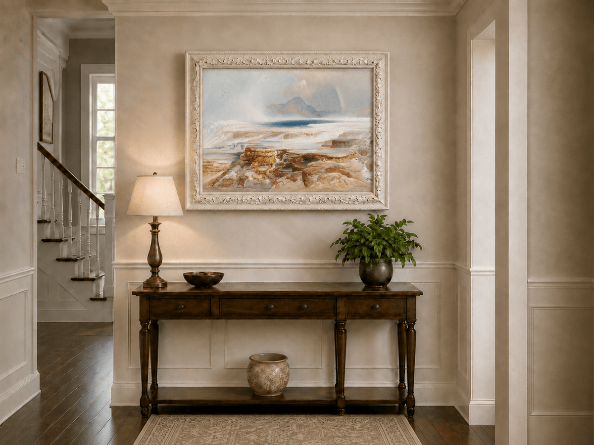 Landscape Oil Painting - Geothermal Terraces Rainbow & Mountain