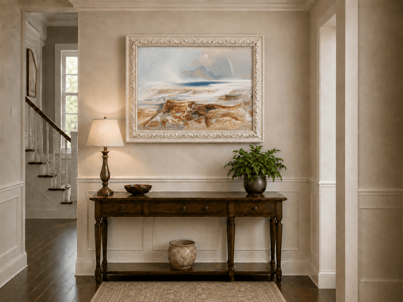 Landscape Oil Painting - Geothermal Terraces Rainbow & Mountain