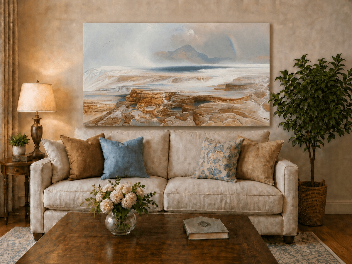 Landscape Oil Painting - Geothermal Terraces Rainbow & Mountain
