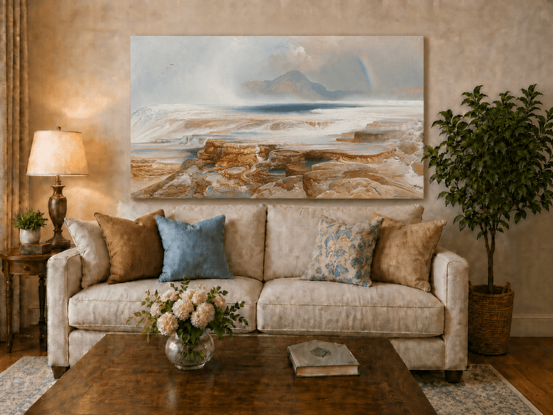 Landscape Oil Painting - Geothermal Terraces Rainbow & Mountain