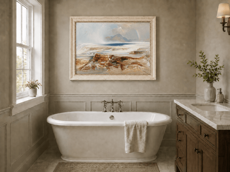 Landscape Oil Painting - Geothermal Terraces Rainbow & Mountain