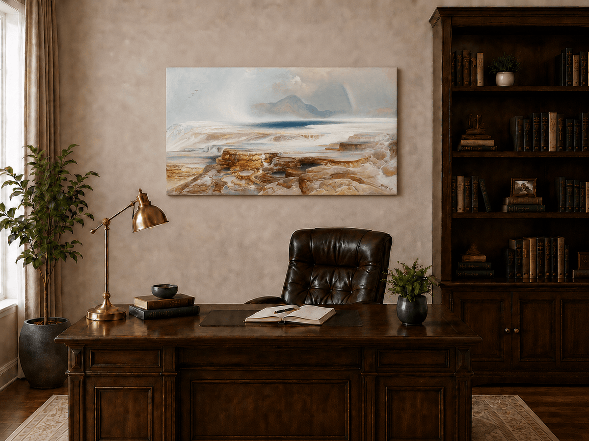 Landscape Oil Painting - Geothermal Terraces Rainbow & Mountain