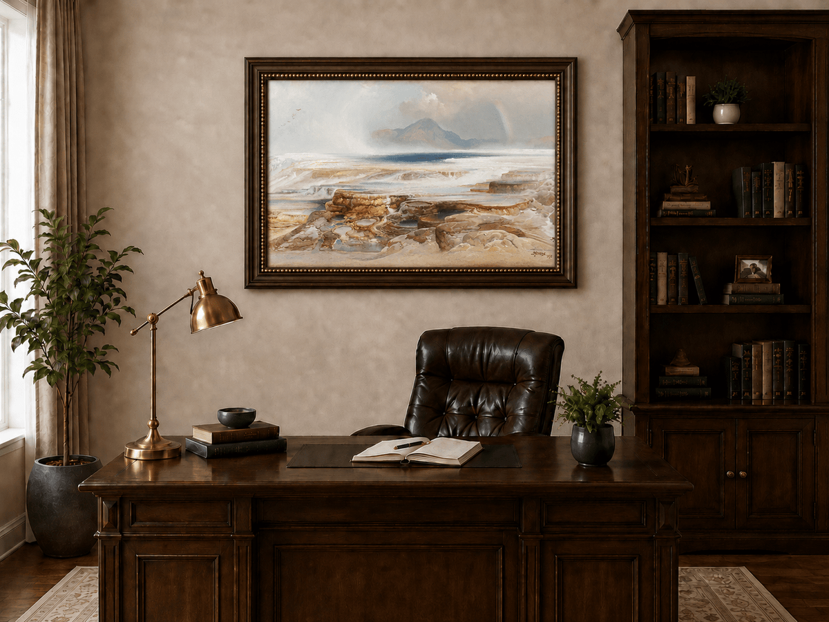 Landscape Oil Painting - Geothermal Terraces Rainbow & Mountain