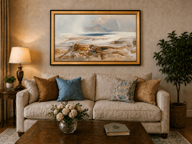 Landscape Oil Painting - Geothermal Terraces Rainbow & Mountain
