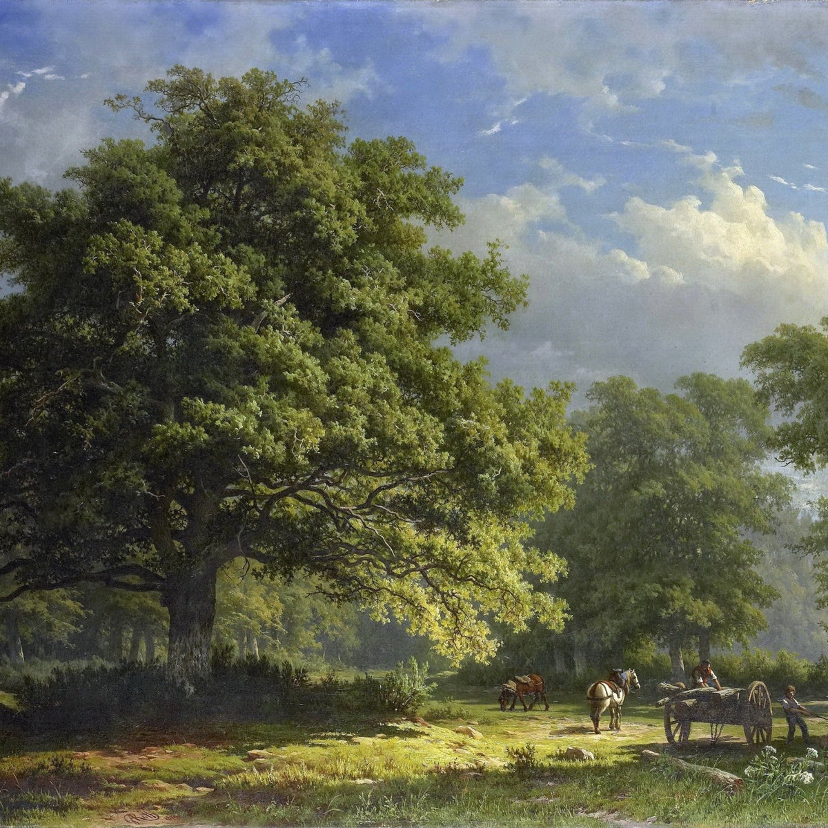 Landscape Oil Painting - giant oak tree forest with farm wagon & workers - Oil Painting Haven