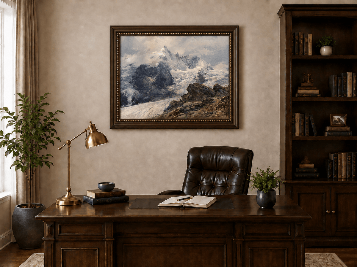 Peinture à l'huile de paysage - sommets alpins couverts de glaciers, pentes rocheuses