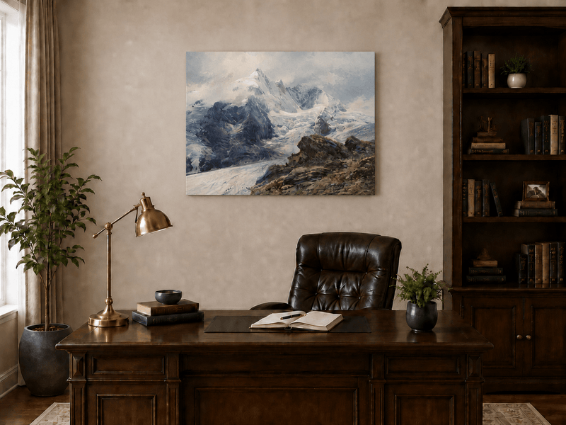 Peinture à l'huile de paysage - sommets alpins couverts de glaciers, pentes rocheuses
