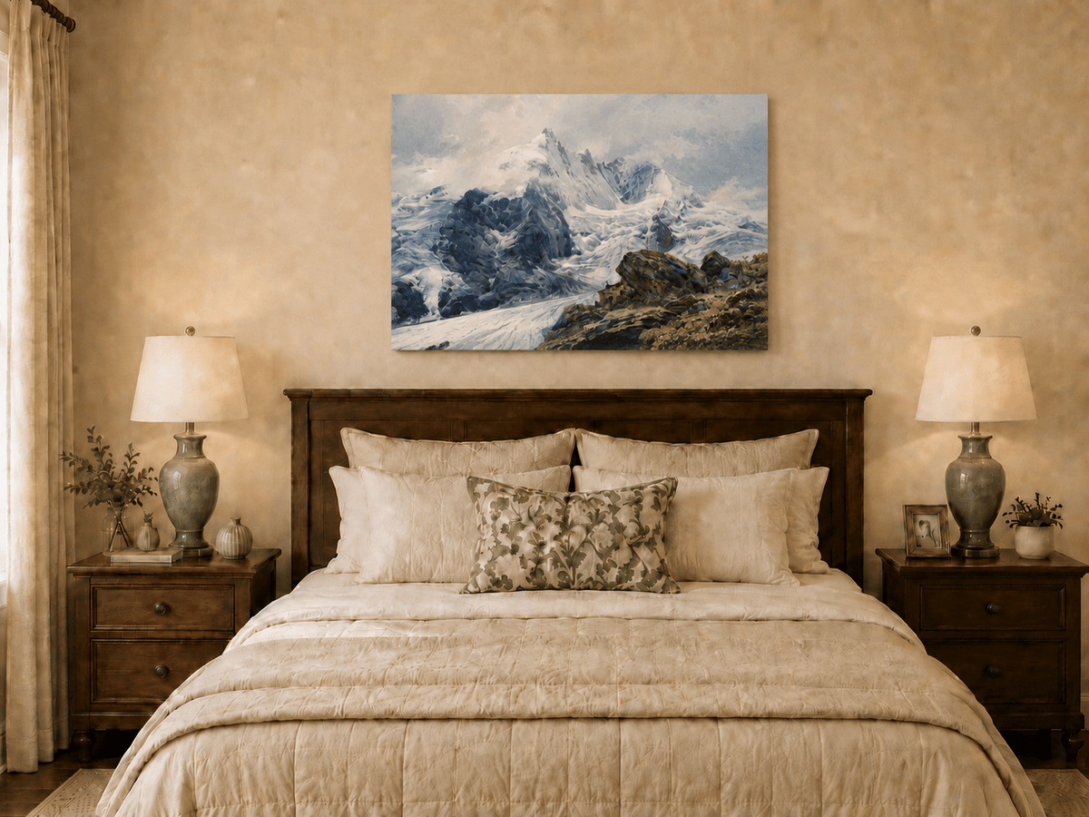 Peinture à l'huile de paysage - sommets alpins couverts de glaciers, pentes rocheuses