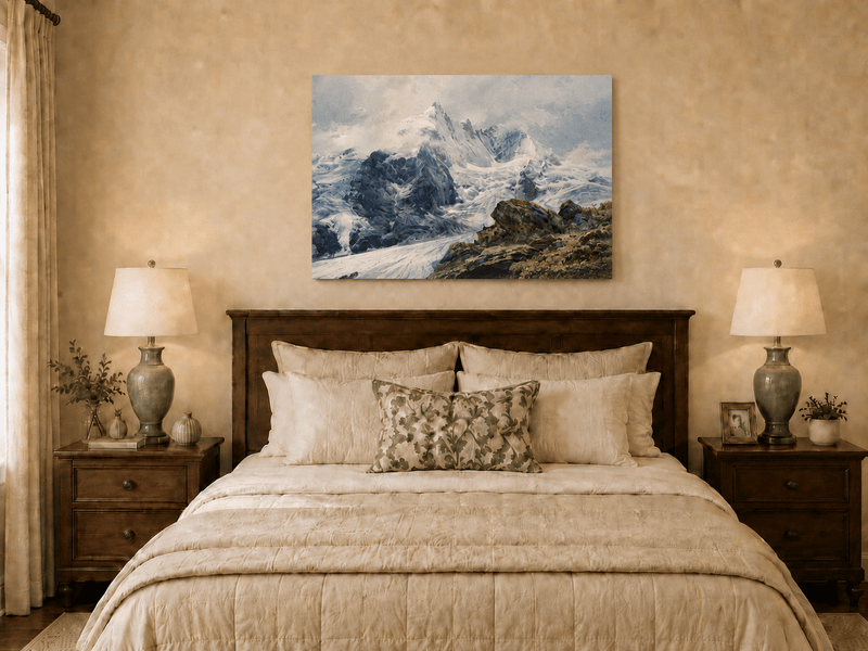 Peinture à l'huile de paysage - sommets alpins couverts de glaciers, pentes rocheuses