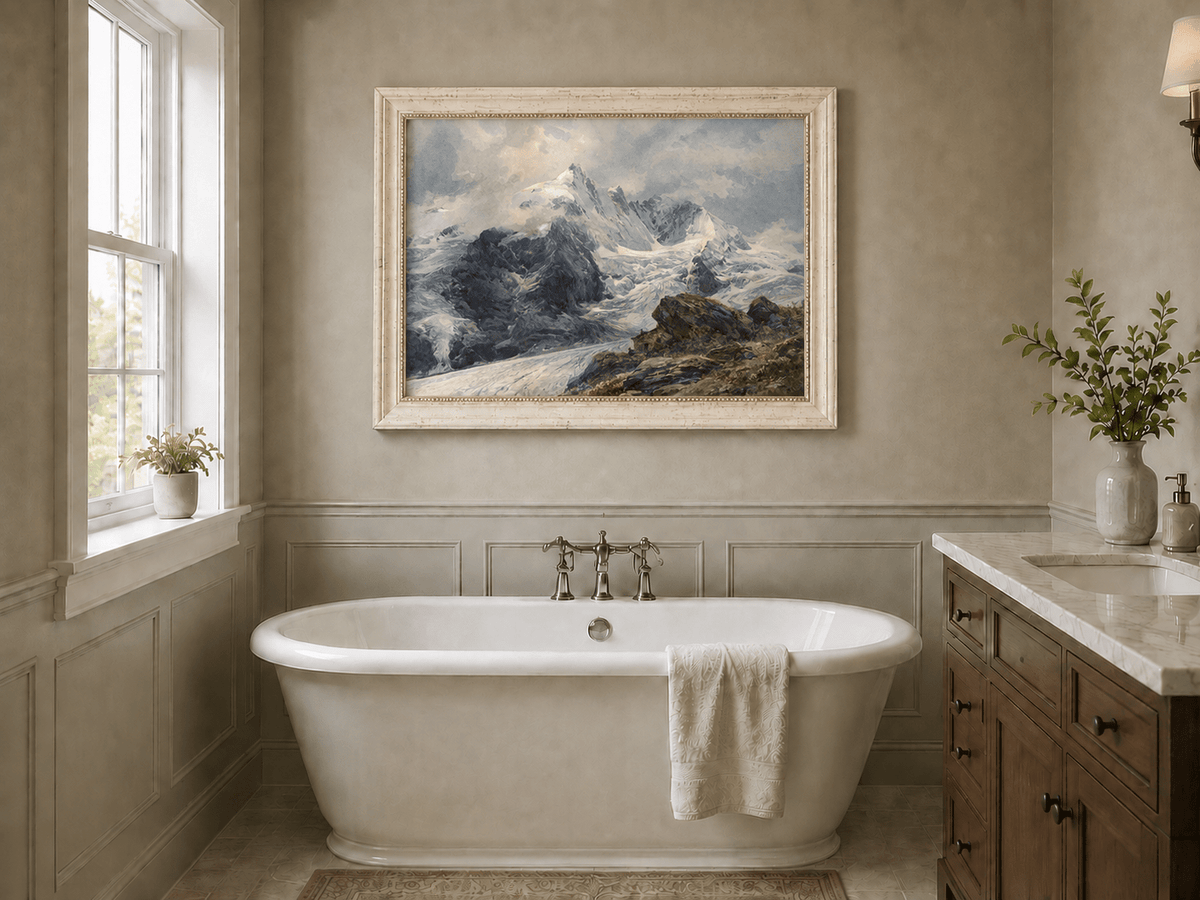 Peinture à l'huile de paysage - sommets alpins couverts de glaciers, pentes rocheuses