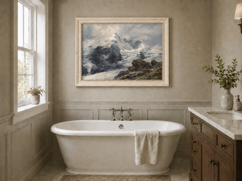 Peinture à l'huile de paysage - sommets alpins couverts de glaciers, pentes rocheuses