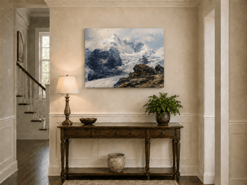Peinture à l'huile de paysage - sommets alpins couverts de glaciers, pentes rocheuses