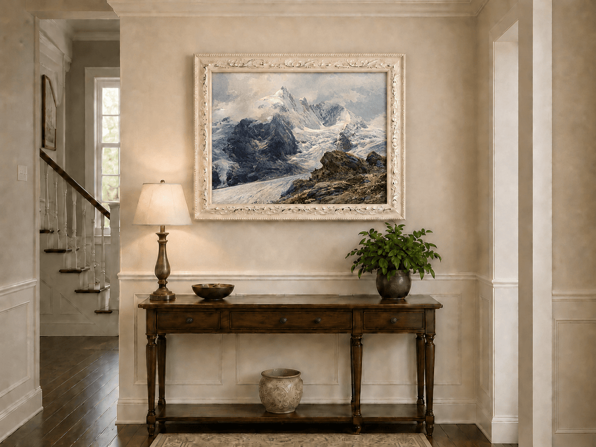 Peinture à l'huile de paysage - sommets alpins couverts de glaciers, pentes rocheuses