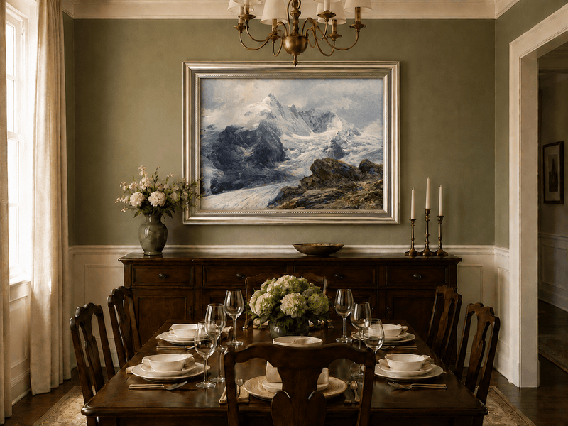 Peinture à l'huile de paysage - sommets alpins couverts de glaciers, pentes rocheuses