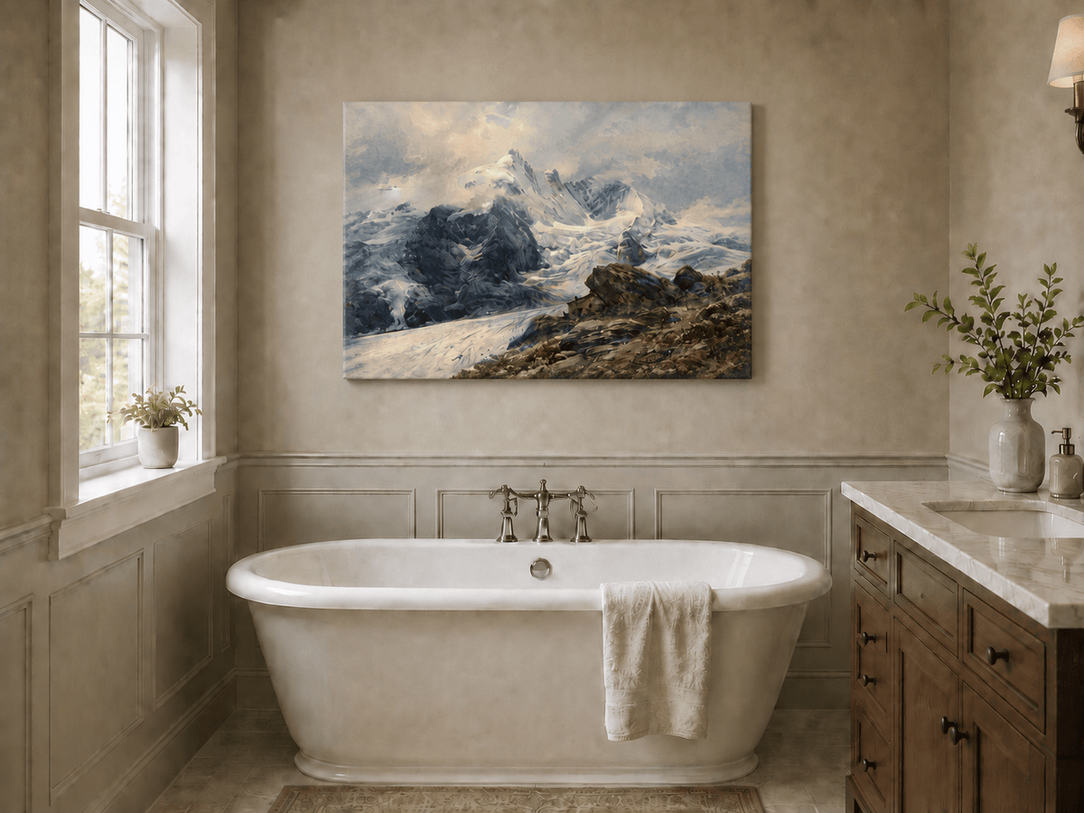 Peinture à l'huile de paysage - sommets alpins couverts de glaciers, pentes rocheuses