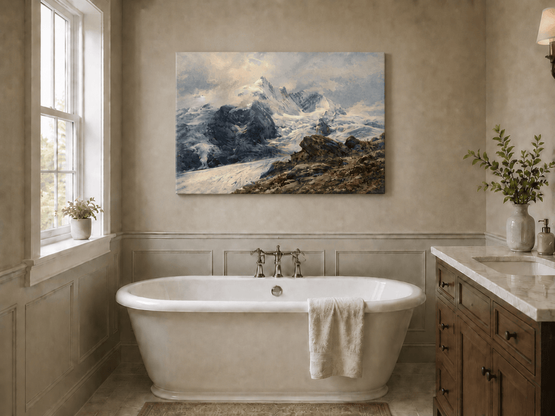 Peinture à l'huile de paysage - sommets alpins couverts de glaciers, pentes rocheuses