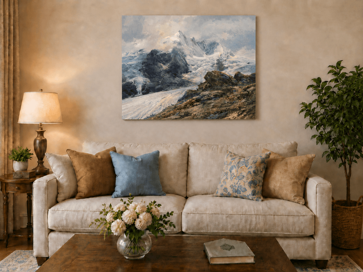 Peinture à l'huile de paysage - sommets alpins couverts de glaciers, pentes rocheuses