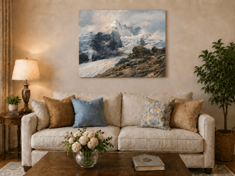 Peinture à l'huile de paysage - sommets alpins couverts de glaciers, pentes rocheuses