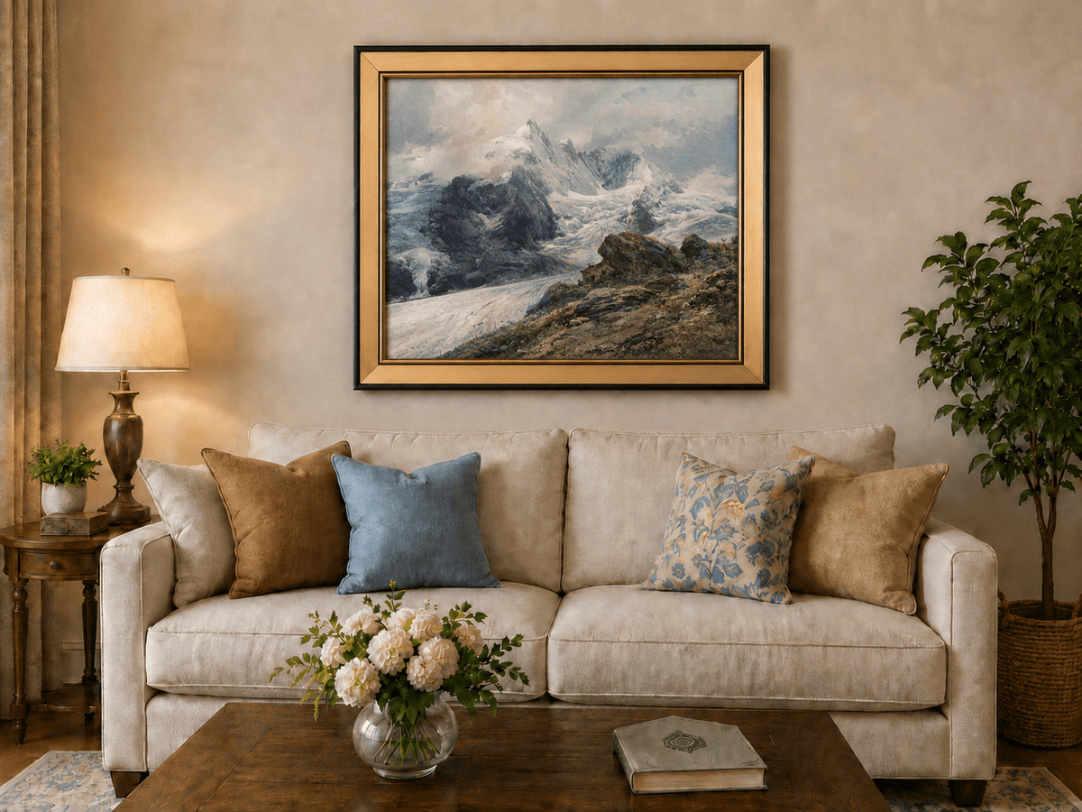 Peinture à l'huile de paysage - sommets alpins couverts de glaciers, pentes rocheuses
