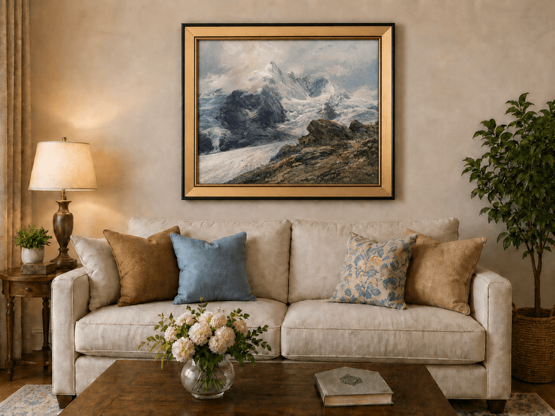 Peinture à l'huile de paysage - sommets alpins couverts de glaciers, pentes rocheuses