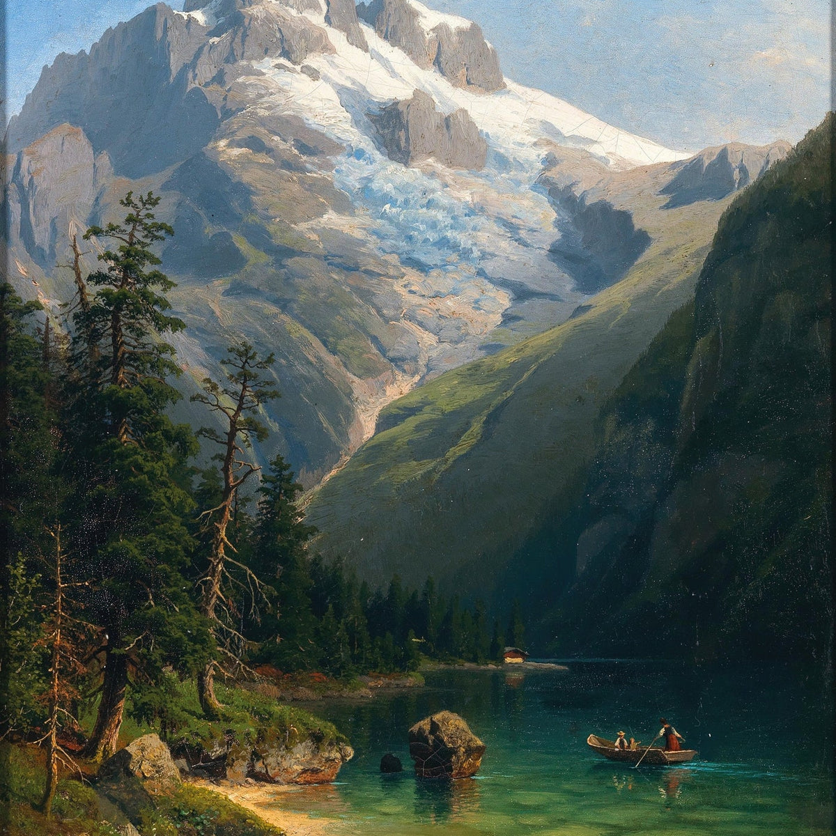 Landscape Oil Painting - Glacier Lake and Boat Below Alpine Peaks - Oil Painting Haven