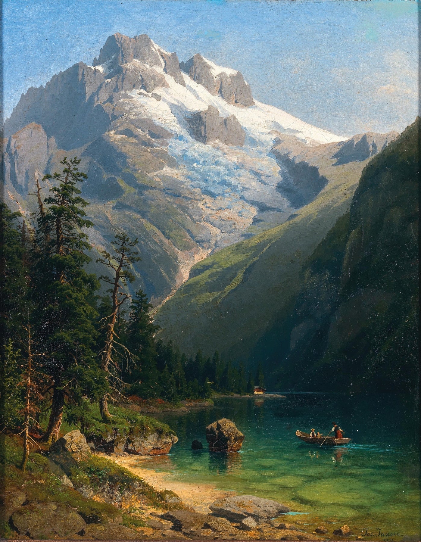 Hand-painted glacier lake and boat below alpine peaks landscape oil painting on canvas