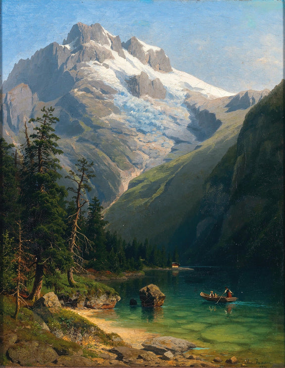 Landscape Oil Painting - Glacier Lake and Boat Below Alpine Peaks - Oil Painting Haven