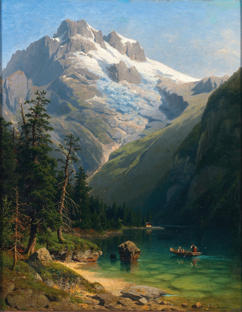 Landscape Oil Painting - Glacier Lake and Boat Below Alpine Peaks - Oil Painting Haven