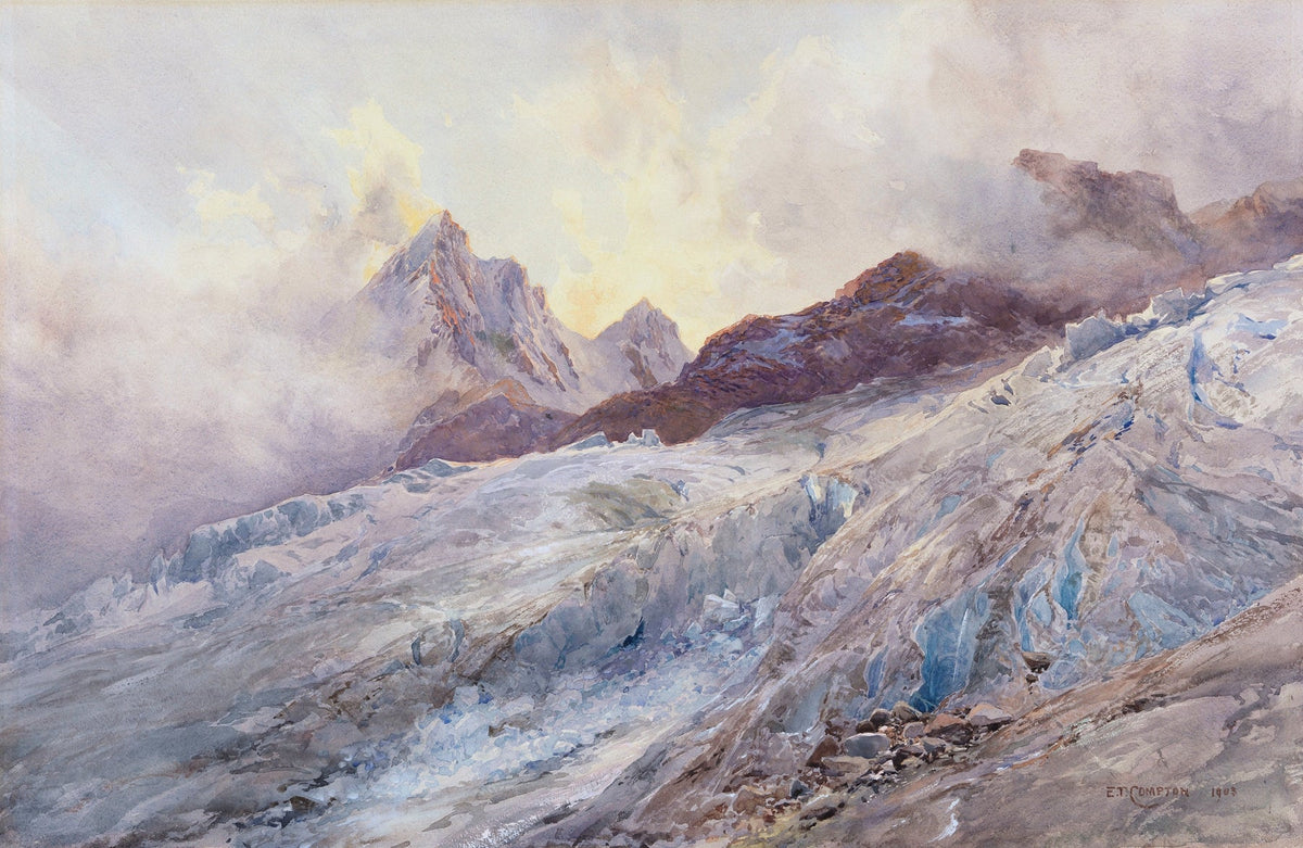 Hand-painted glacier peaks and alpine snowfield view landscape oil painting on canvas