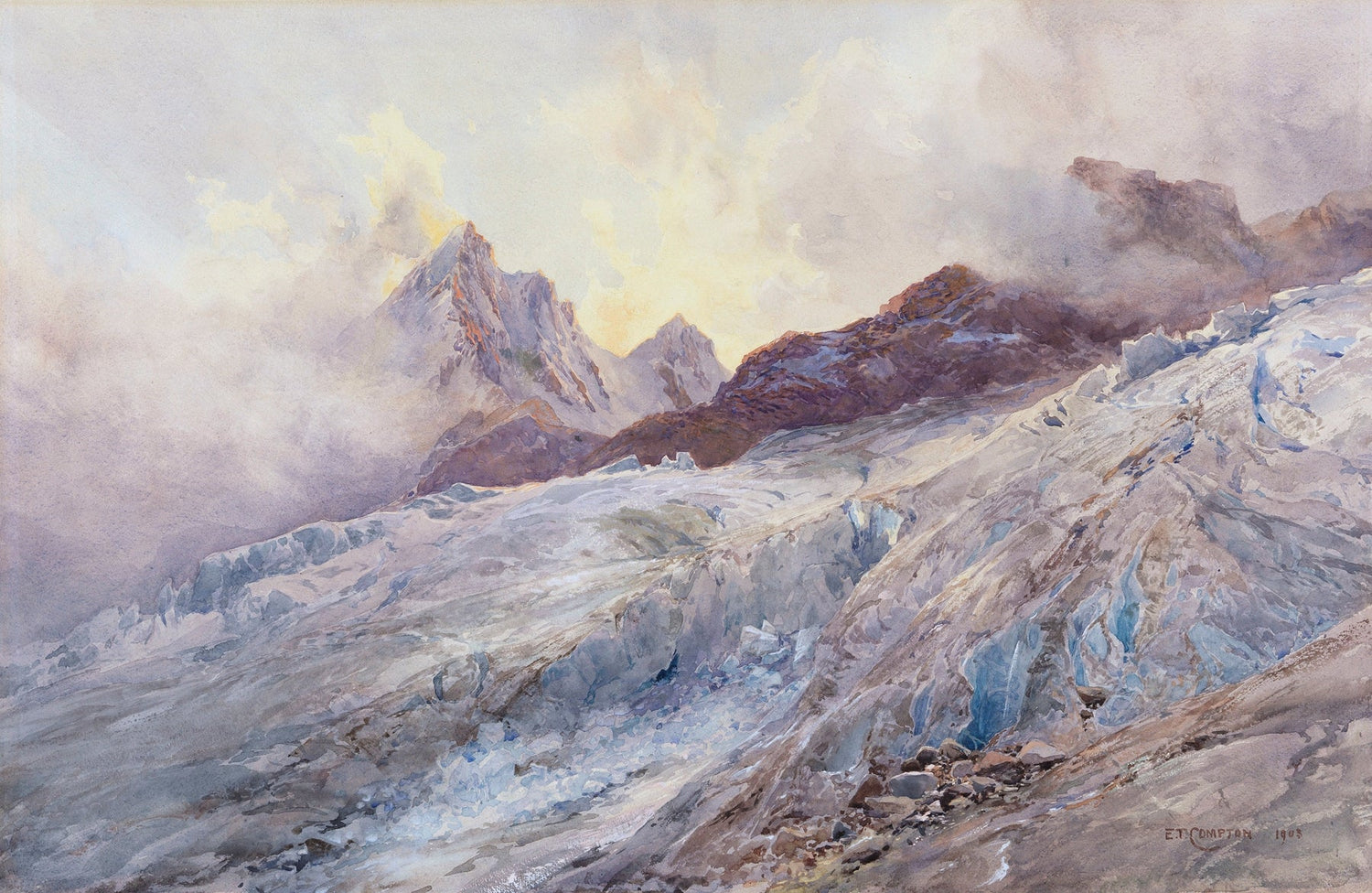Hand-painted glacier peaks and alpine snowfield view landscape oil painting on canvas