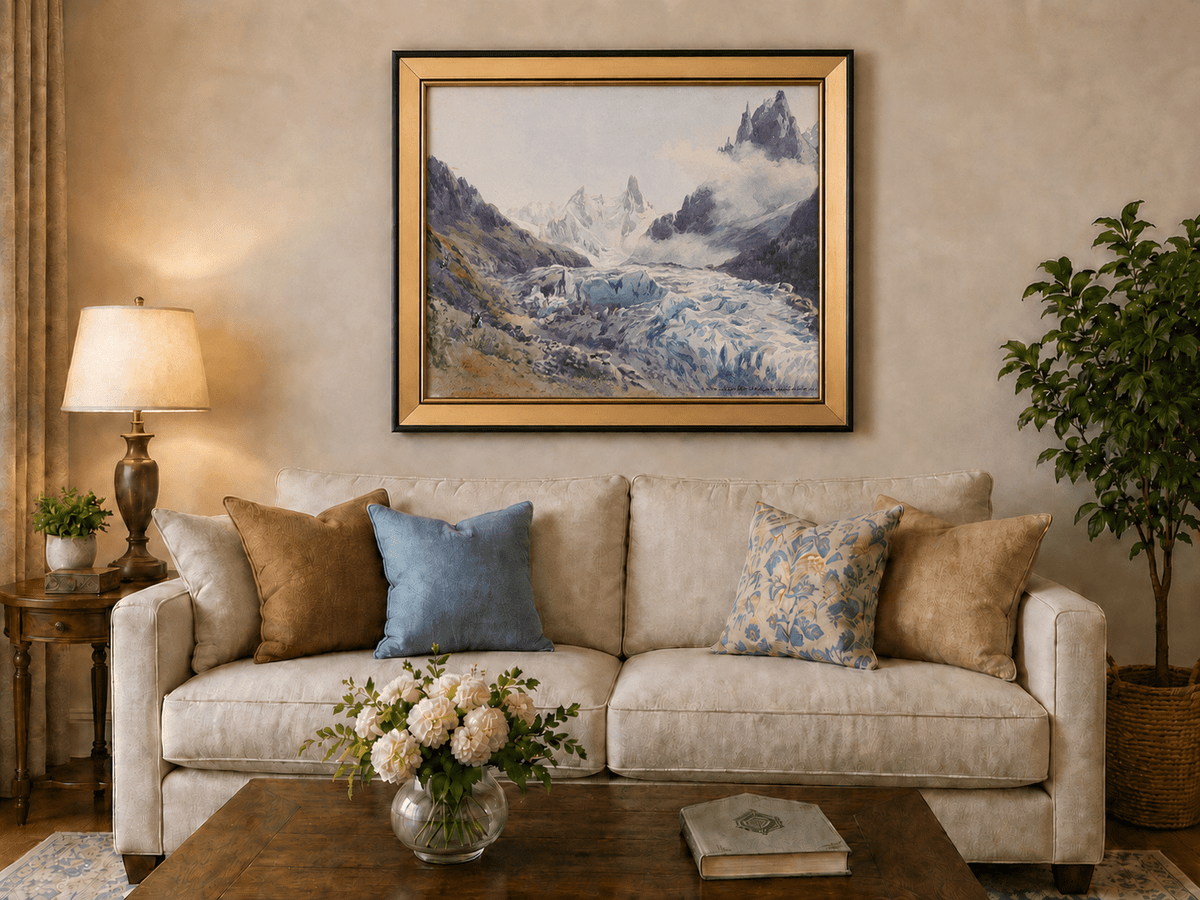 Peinture à l'huile de paysage - Scène de rivière hivernale avec personnages et chevaux