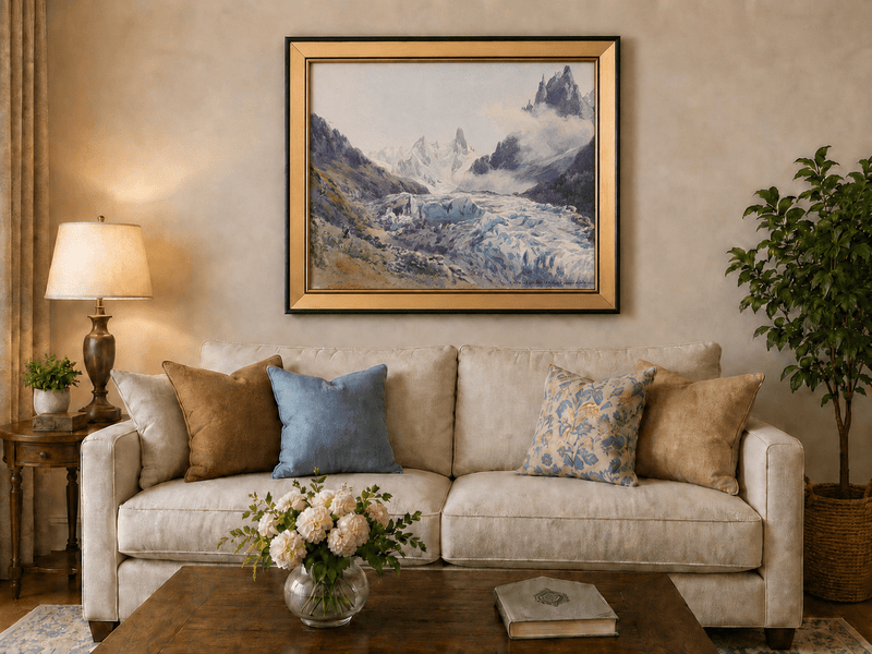 Peinture à l'huile de paysage - Scène de rivière hivernale avec personnages et chevaux