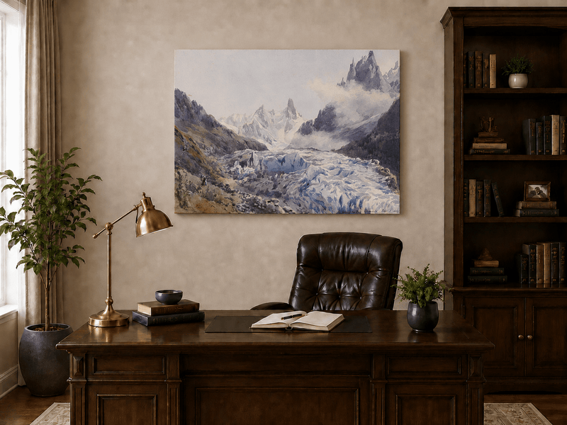 Peinture à l'huile de paysage - Scène de rivière hivernale avec personnages et chevaux
