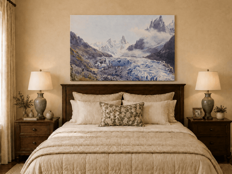 Peinture à l'huile de paysage - Scène de rivière hivernale avec personnages et chevaux