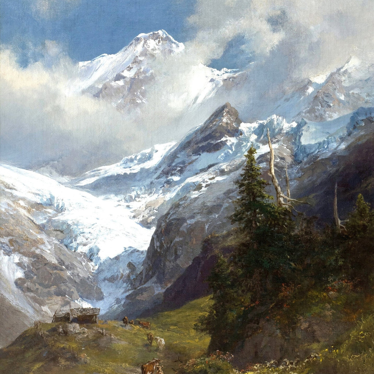 Landscape Oil Painting - Glacier Valley and Snowy Alpine Peaks - Oil Painting Haven