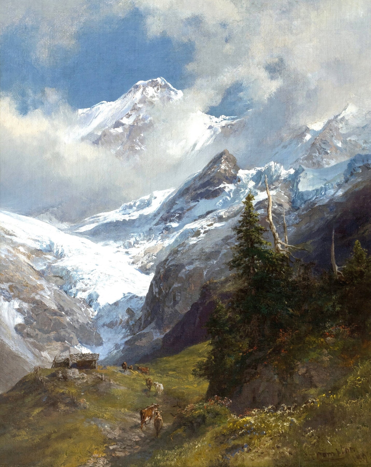 Hand-painted glacier valley and snowy alpine peaks landscape oil painting on canvas