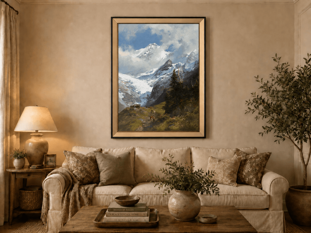 Peinture à l'huile de paysage - Rivière printanière avec pêcheur et arbres