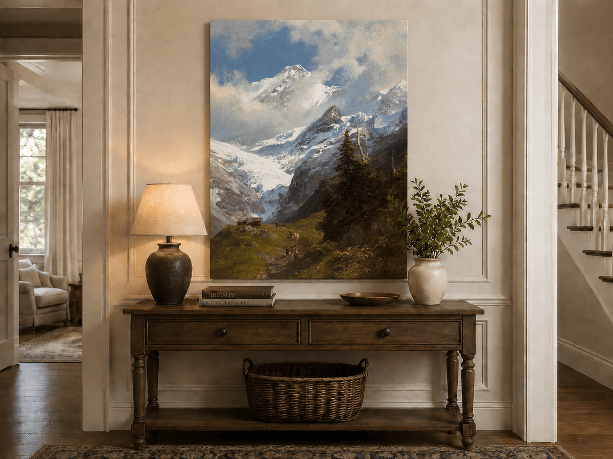 Peinture à l'huile de paysage - Rivière printanière avec pêcheur et arbres