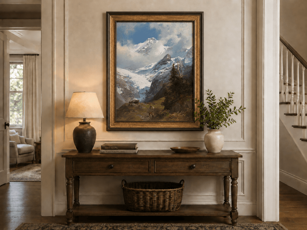 Peinture à l'huile de paysage - Rivière printanière avec pêcheur et arbres