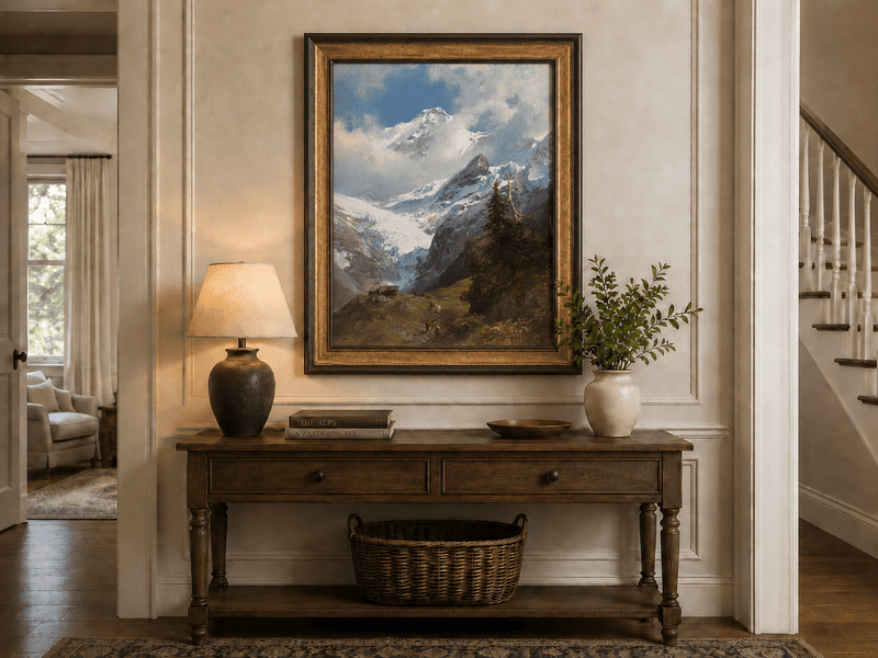 Peinture à l'huile de paysage - Rivière printanière avec pêcheur et arbres