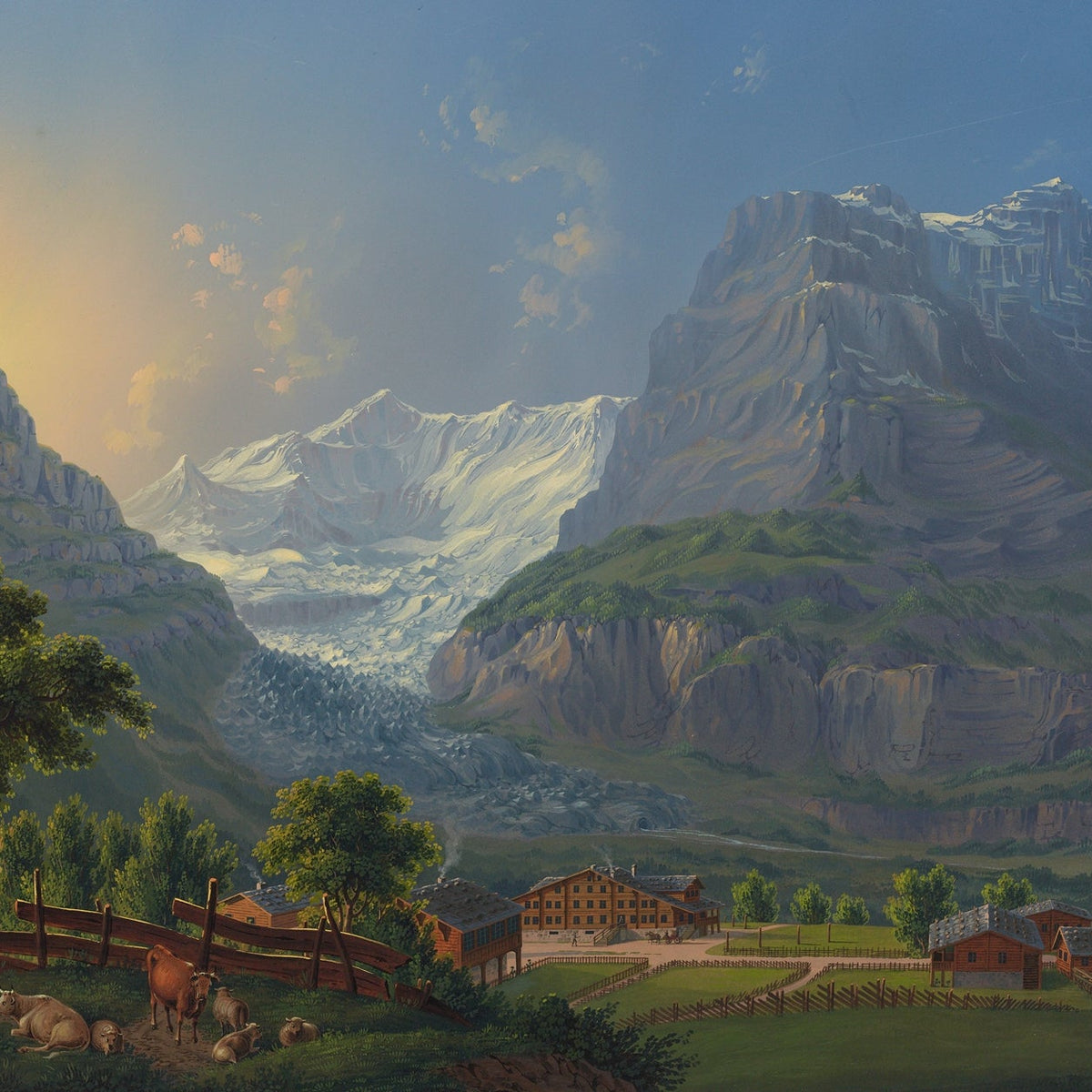 Hand-painted glacier valley farm and snow peaks landscape oil painting on canvas