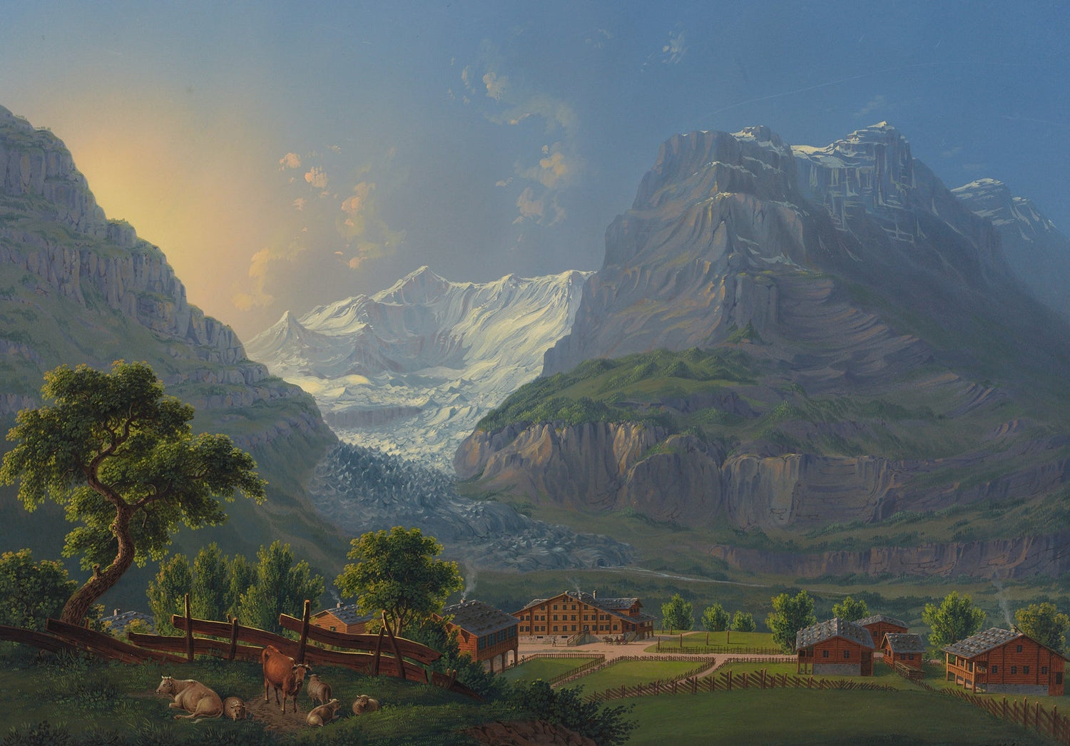 Hand-painted glacier valley farm and snow peaks landscape oil painting on canvas