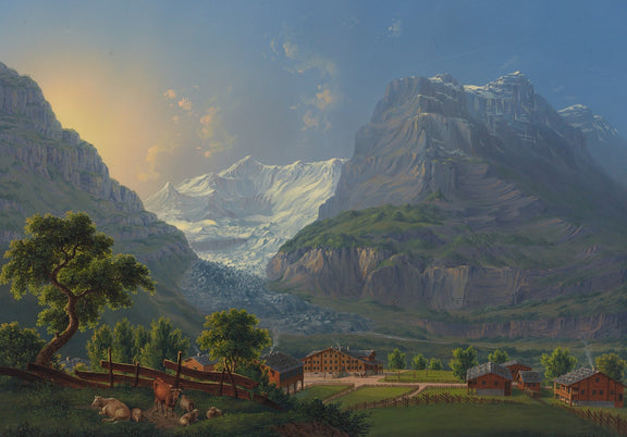 Hand-painted glacier valley farm and snow peaks landscape oil painting on canvas