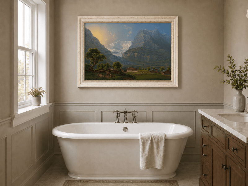 Landscape Oil Painting - Glacier Valley Farm and Snow Peaks