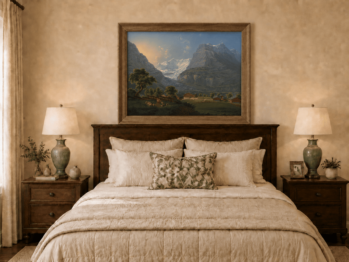 Landscape Oil Painting - Glacier Valley Farm and Snow Peaks